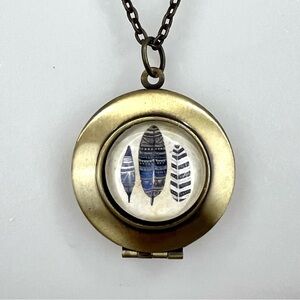 Handmade Gold Bronze Boho Steampunk Feather Photo Locket Necklace